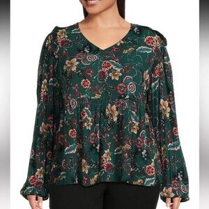 Westbound Dark Green Floral Long Sleeve Peasant Top